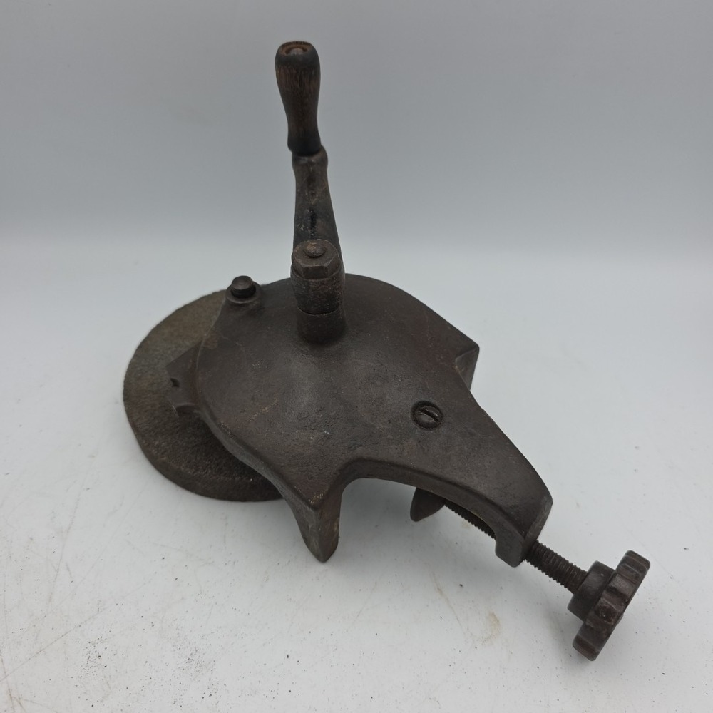Vintage Hand Crank BENCH GRINDER sharpener tool 10" tall  6" wide 4" dia. wheel